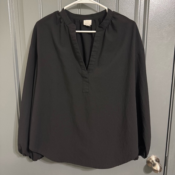 A New Day Black V-Neck Gauze Textured Puff Sleeves Blouse - Picture 1 of 7